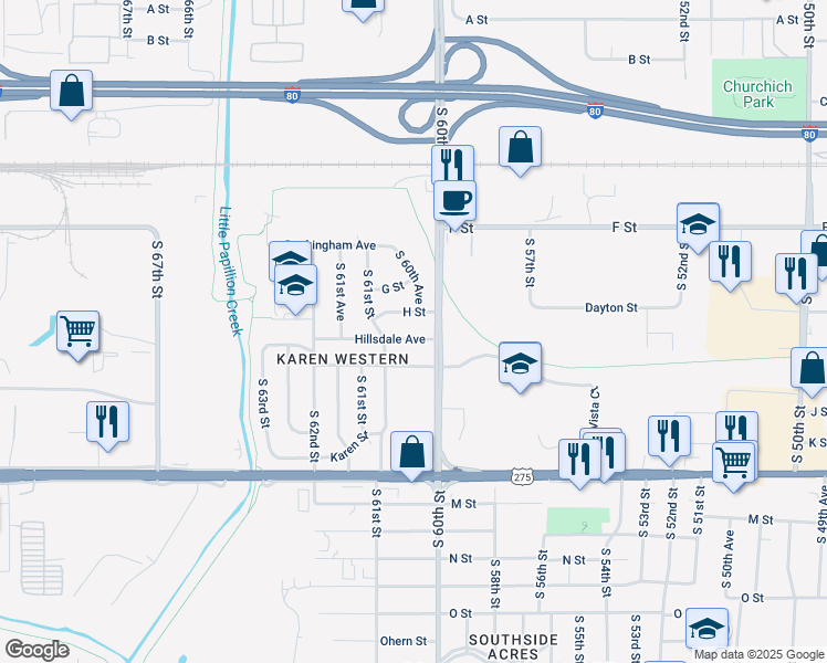 map of restaurants, bars, coffee shops, grocery stores, and more near 6069 H Street in Omaha