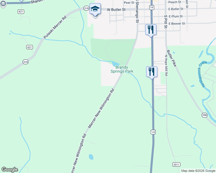 map of restaurants, bars, coffee shops, grocery stores, and more near 482 Mercer-New Wilmington Road in Mercer