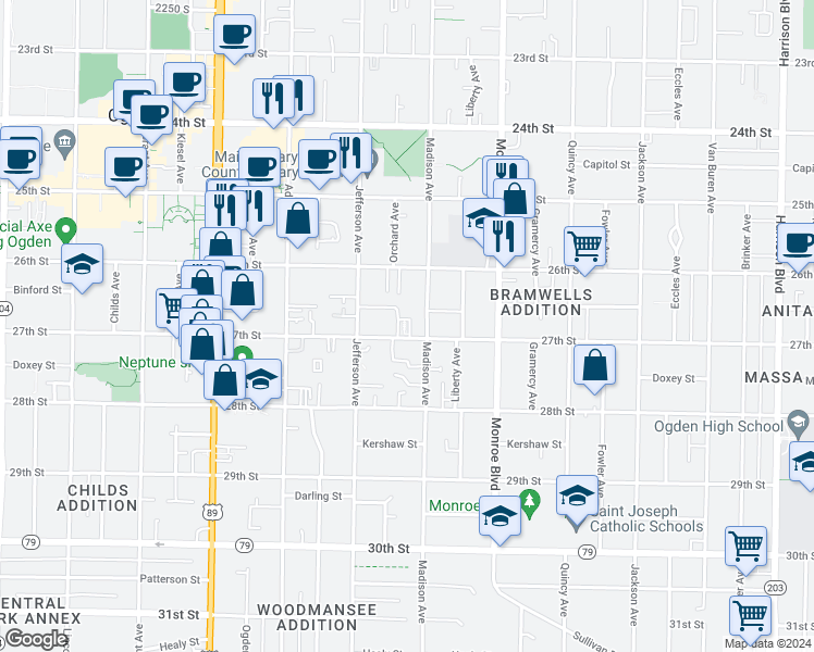 map of restaurants, bars, coffee shops, grocery stores, and more near 668 27th Street in Ogden