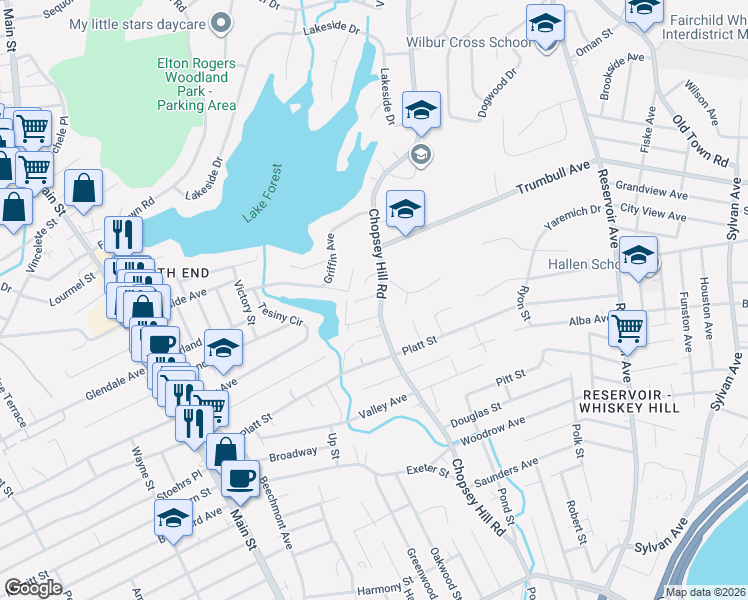 map of restaurants, bars, coffee shops, grocery stores, and more near 1145 Chopsey Hill Road in Bridgeport