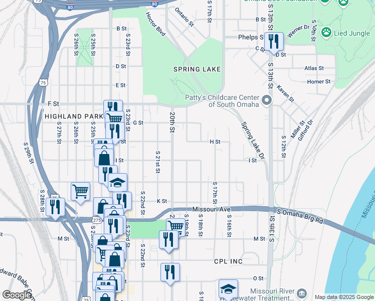 map of restaurants, bars, coffee shops, grocery stores, and more near 4215 South 20th Street in Omaha