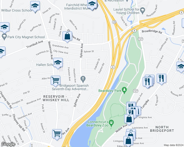 map of restaurants, bars, coffee shops, grocery stores, and more near 50 Balsam Avenue in Bridgeport