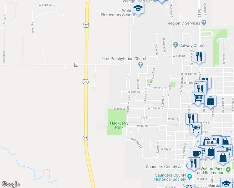 map of restaurants, bars, coffee shops, grocery stores, and more near 1261 West 12th Street in Wahoo