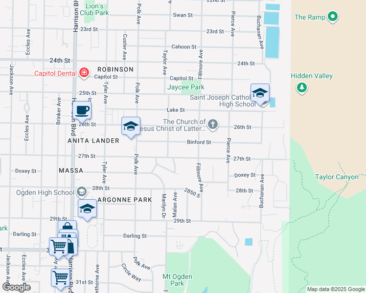 map of restaurants, bars, coffee shops, grocery stores, and more near 1531 Binford Street in Ogden