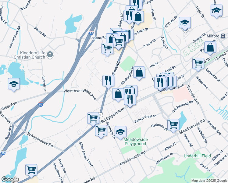 map of restaurants, bars, coffee shops, grocery stores, and more near 5 Erna Avenue in Milford