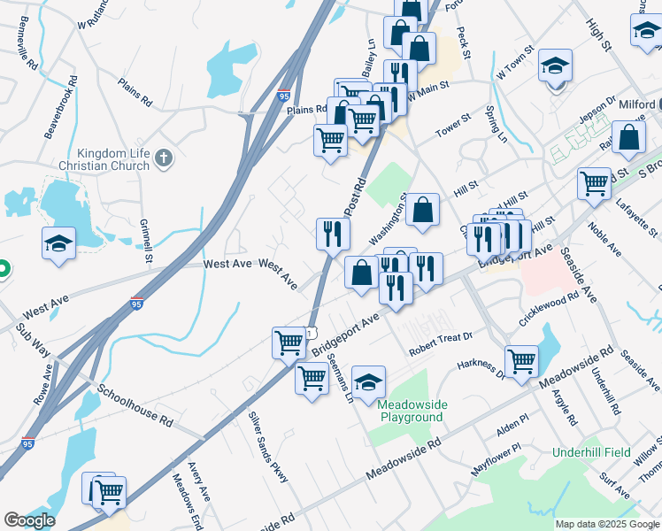 map of restaurants, bars, coffee shops, grocery stores, and more near 5 Erna Avenue in Milford