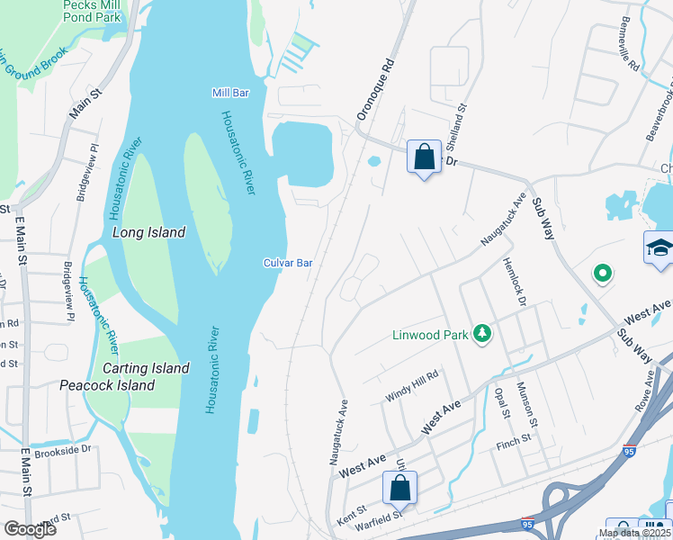 map of restaurants, bars, coffee shops, grocery stores, and more near 70 Woodhill Road in Milford