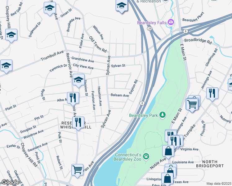 map of restaurants, bars, coffee shops, grocery stores, and more near 135 Hollywood Avenue in Bridgeport