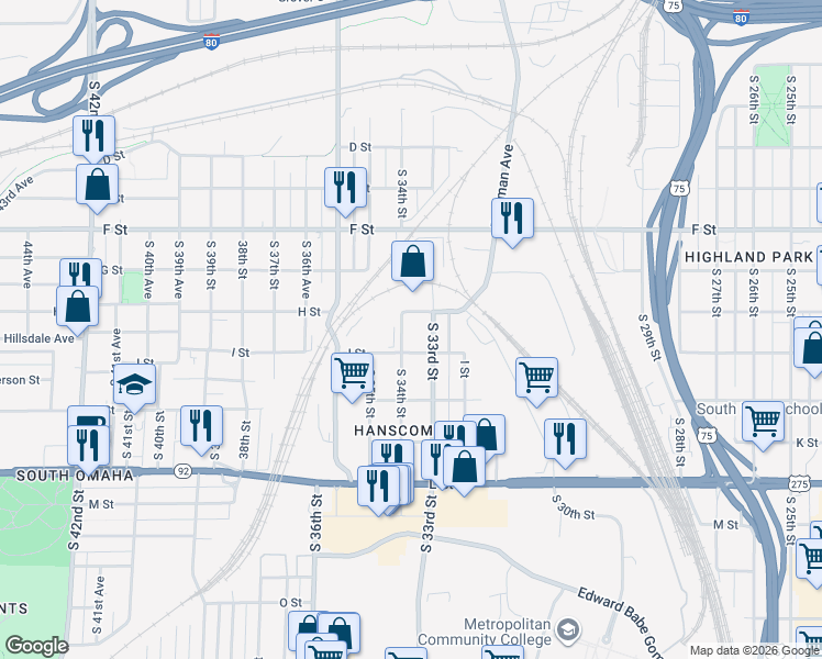 map of restaurants, bars, coffee shops, grocery stores, and more near 4315 H Street in Omaha