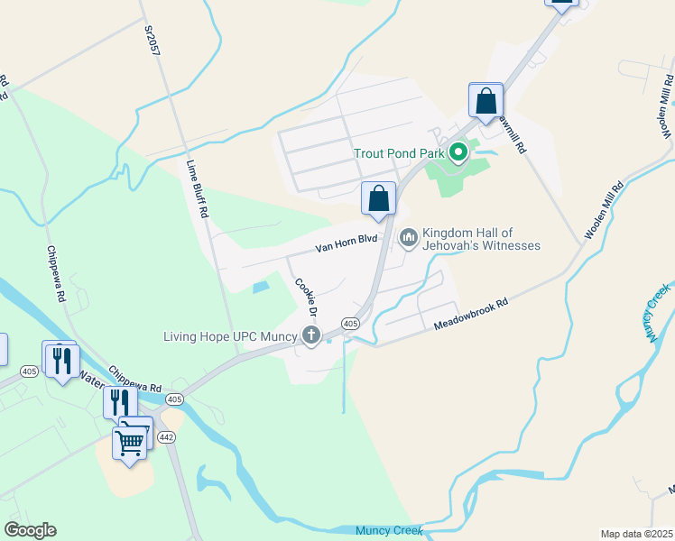 map of restaurants, bars, coffee shops, grocery stores, and more near 79 T-699 in Muncy