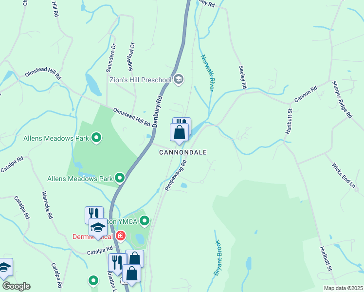 map of restaurants, bars, coffee shops, grocery stores, and more near 34a Cannon Road in Wilton