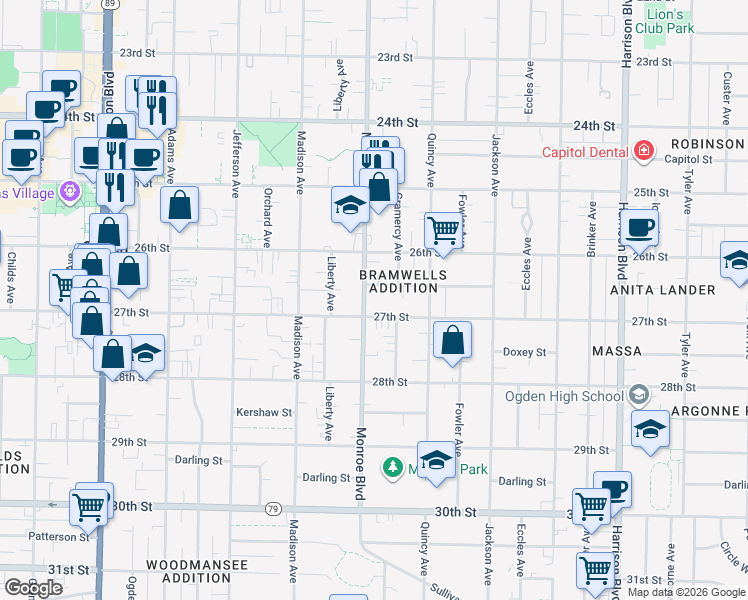 map of restaurants, bars, coffee shops, grocery stores, and more near 2670 Monroe Boulevard in Ogden