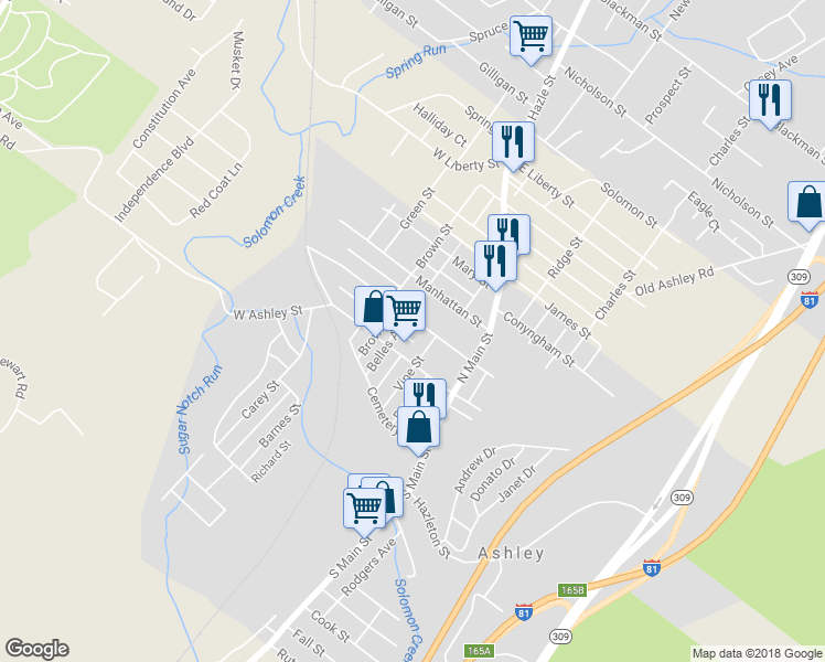 map of restaurants, bars, coffee shops, grocery stores, and more near 49 West Hartford Street in Wilkes-Barre