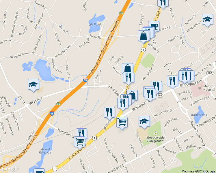 map of restaurants, bars, coffee shops, grocery stores, and more near 616 West Ave in Milford