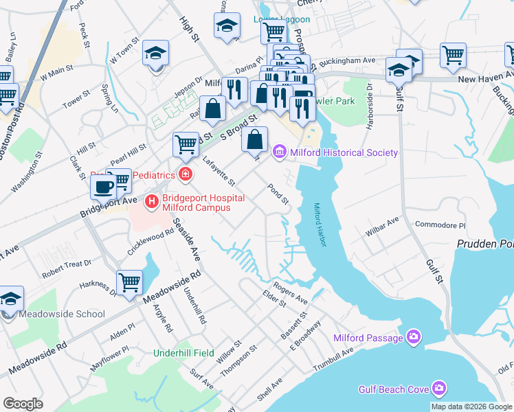 map of restaurants, bars, coffee shops, grocery stores, and more near Lafayette St & Reed St in Milford