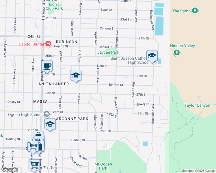 map of restaurants, bars, coffee shops, grocery stores, and more near 1549 Binford Street in Ogden