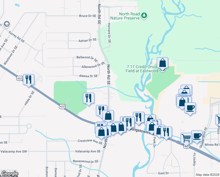 map of restaurants, bars, coffee shops, grocery stores, and more near 1545 North Road Southeast in Warren