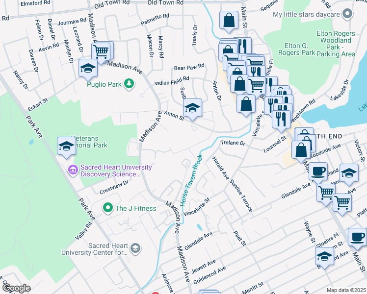 map of restaurants, bars, coffee shops, grocery stores, and more near 170 Edgemoor Road in Bridgeport