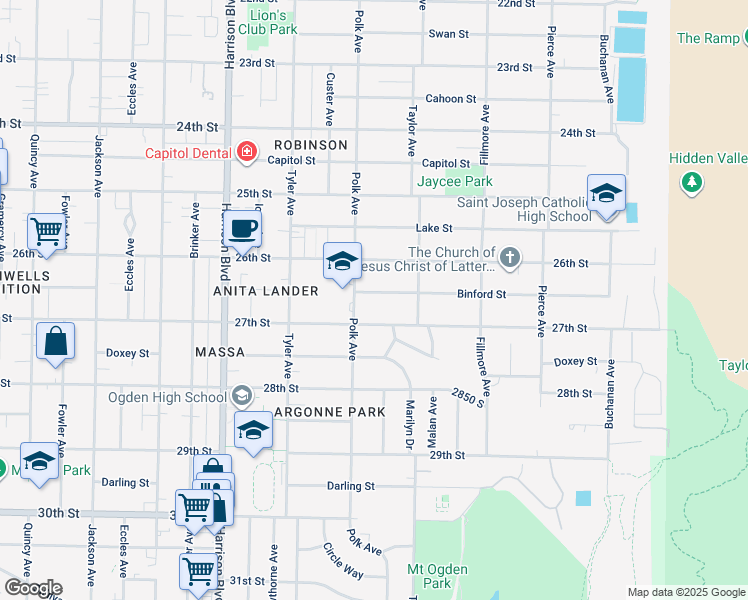 map of restaurants, bars, coffee shops, grocery stores, and more near 1421 Binford Street in Ogden