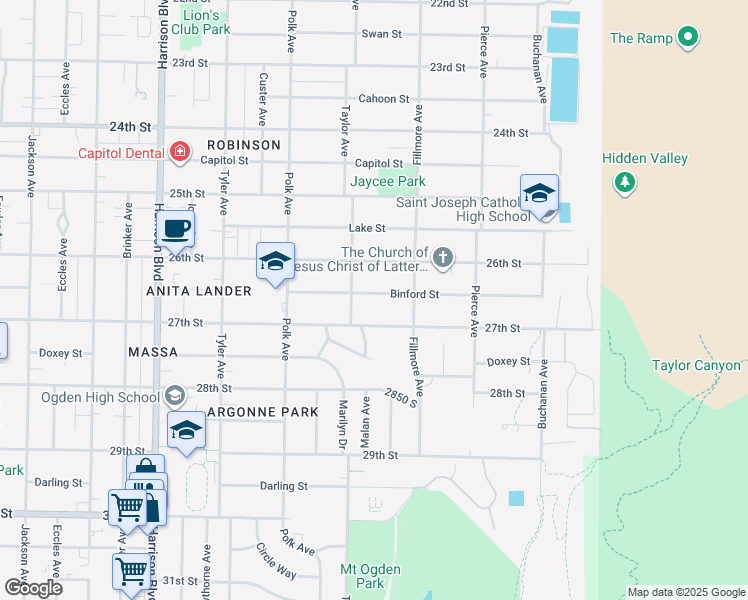 map of restaurants, bars, coffee shops, grocery stores, and more near 1531 Binford Street in Ogden