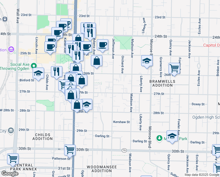 map of restaurants, bars, coffee shops, grocery stores, and more near 2671 Jefferson Avenue in Ogden