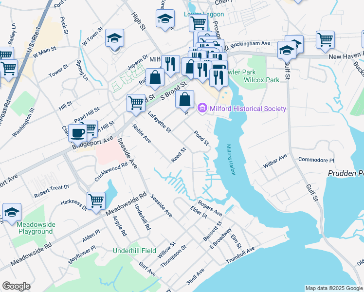 map of restaurants, bars, coffee shops, grocery stores, and more near 4 Reed Street in Milford