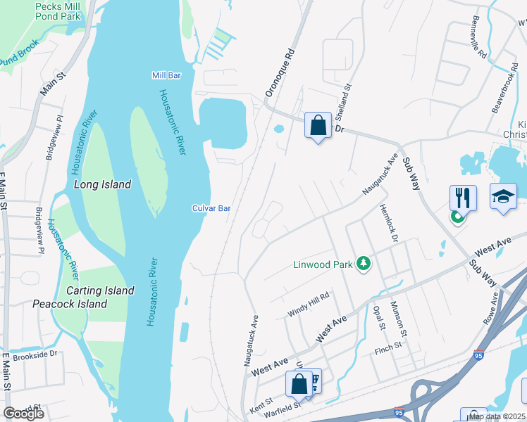 map of restaurants, bars, coffee shops, grocery stores, and more near 70 Woodhill Road in Milford