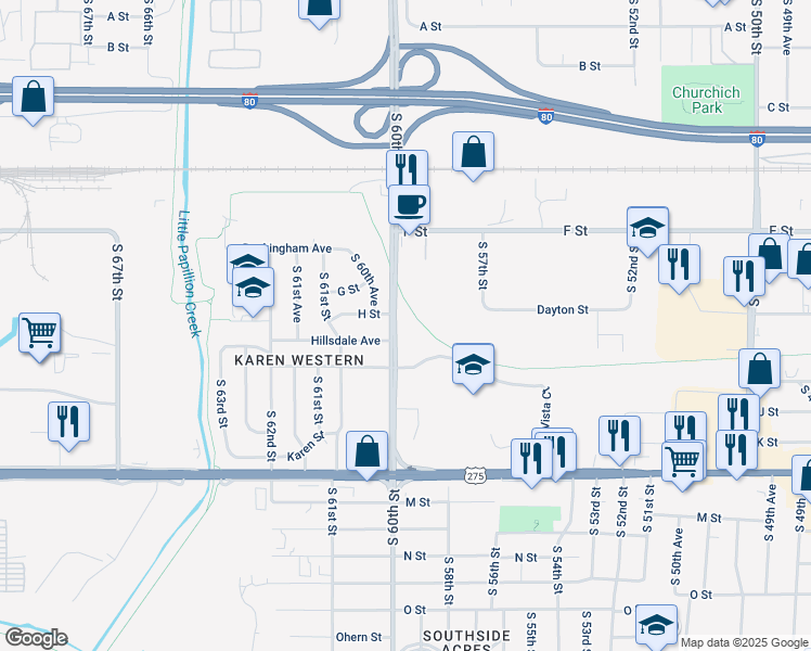 map of restaurants, bars, coffee shops, grocery stores, and more near 4315 South 60th Street in Omaha