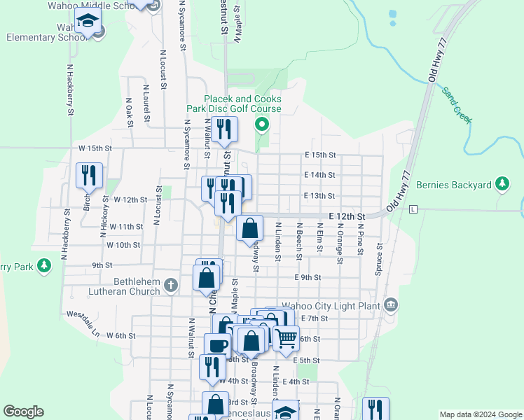 map of restaurants, bars, coffee shops, grocery stores, and more near 110 East 12th Street in Wahoo