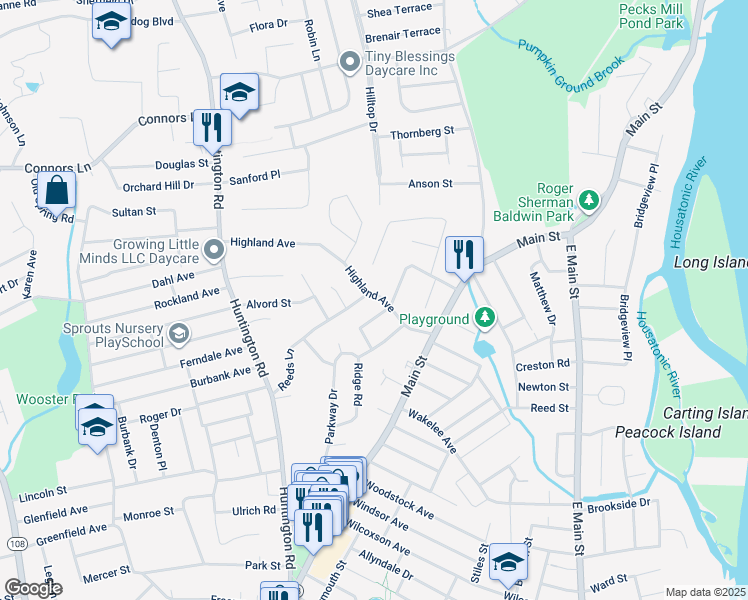 map of restaurants, bars, coffee shops, grocery stores, and more near 181 Highland Avenue in Stratford