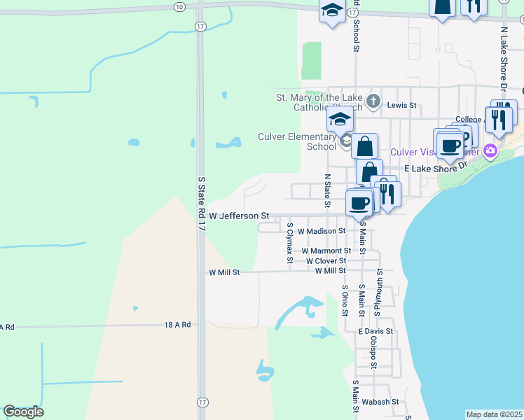 map of restaurants, bars, coffee shops, grocery stores, and more near 514 West Jefferson Street in Culver