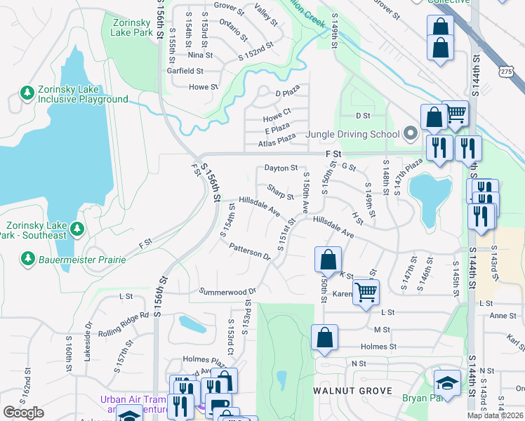 map of restaurants, bars, coffee shops, grocery stores, and more near 15219 Hillsdale Avenue in Omaha