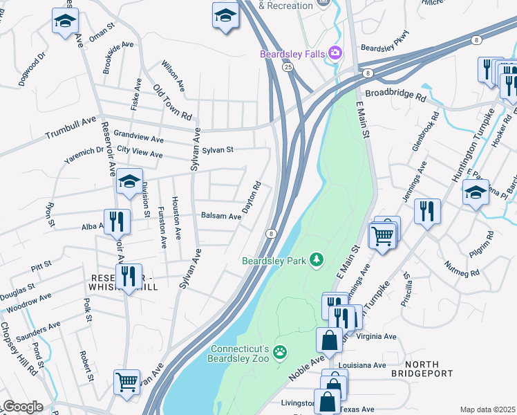 map of restaurants, bars, coffee shops, grocery stores, and more near 235 Hillcrest Road in Bridgeport