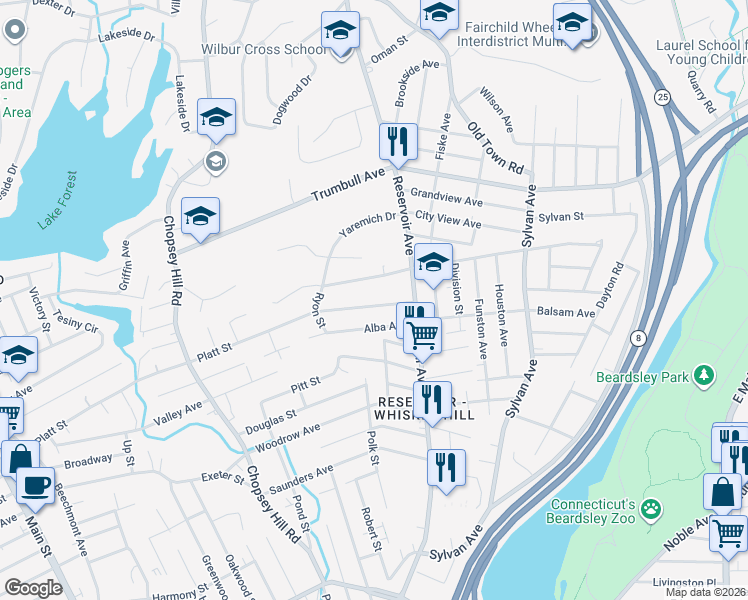map of restaurants, bars, coffee shops, grocery stores, and more near 94 Platt Street in Bridgeport