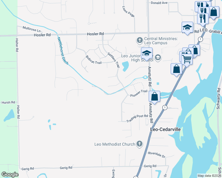 map of restaurants, bars, coffee shops, grocery stores, and more near 9514 Bear Creek Court in Leo-Cedarville