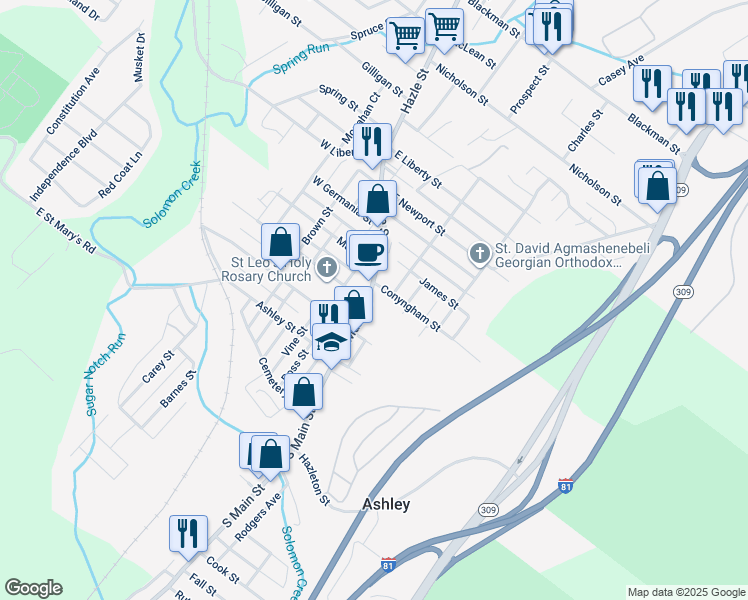 map of restaurants, bars, coffee shops, grocery stores, and more near 100 N Main St in Ashley