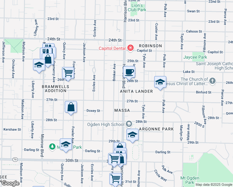 map of restaurants, bars, coffee shops, grocery stores, and more near 2660 Brinker Ave in Ogden