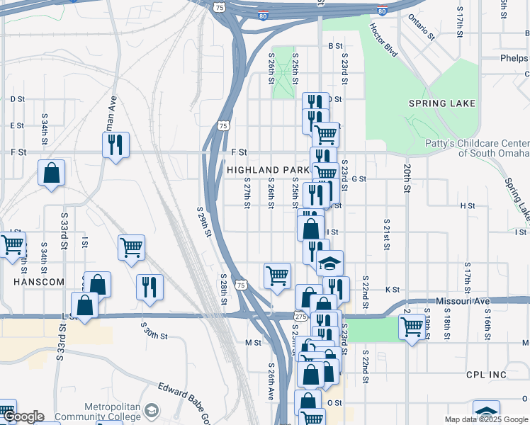 map of restaurants, bars, coffee shops, grocery stores, and more near 4310 South 26th Street in Omaha