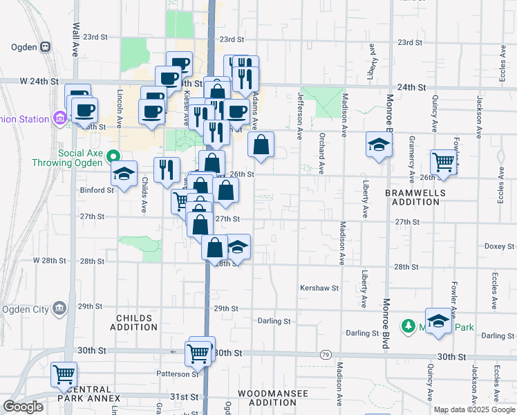 map of restaurants, bars, coffee shops, grocery stores, and more near 2664 Adams Avenue in Ogden
