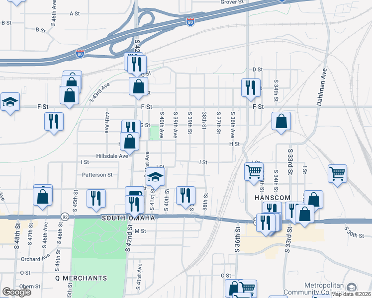 map of restaurants, bars, coffee shops, grocery stores, and more near 4308 South 39th Street in Omaha