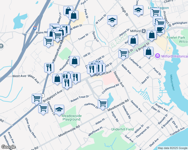 map of restaurants, bars, coffee shops, grocery stores, and more near 1091 Bridgeport Avenue in Milford