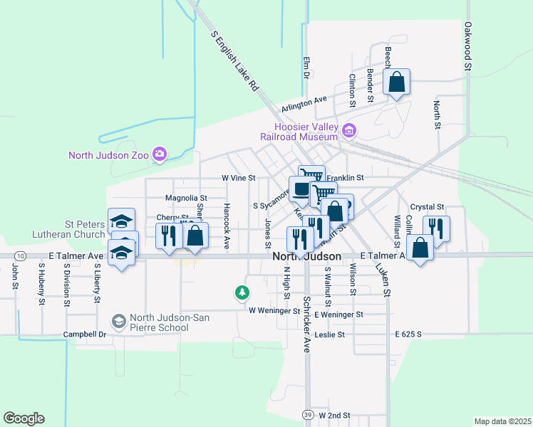 map of restaurants, bars, coffee shops, grocery stores, and more near 208 Jones Street in North Judson