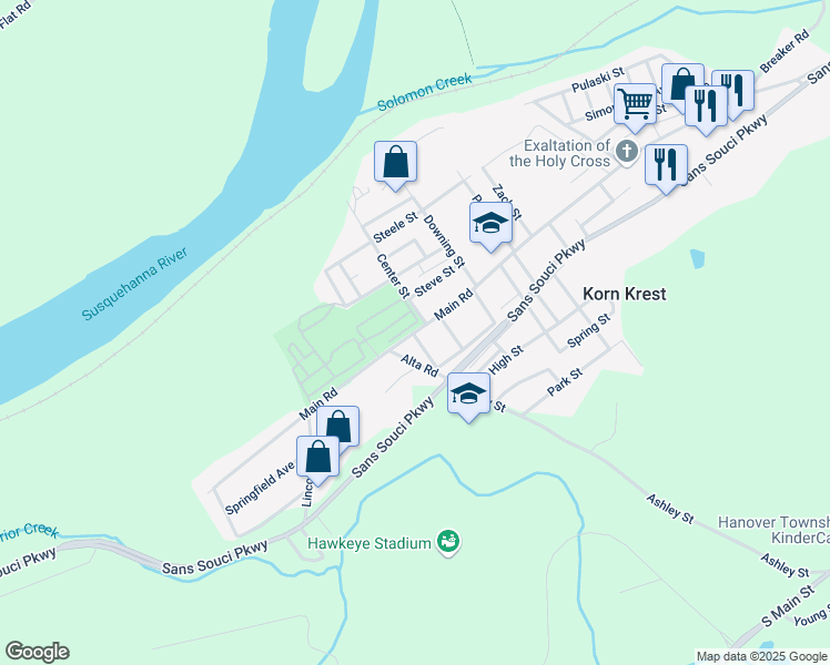 map of restaurants, bars, coffee shops, grocery stores, and more near 661-677 River Rd in Wilkes-Barre