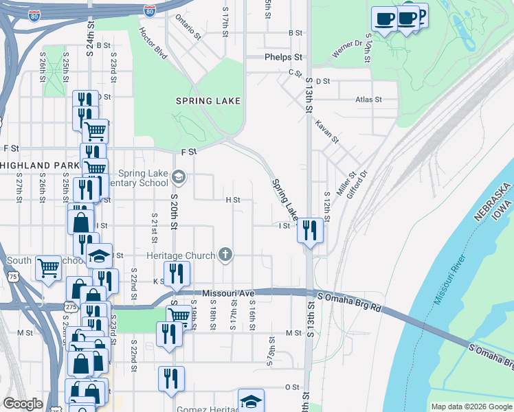 map of restaurants, bars, coffee shops, grocery stores, and more near 4308 South 16th Street in Omaha