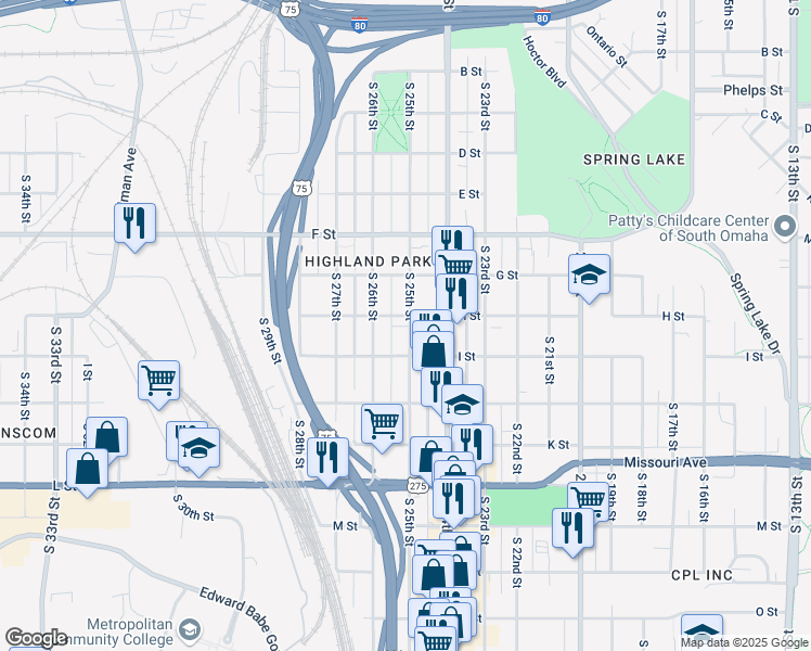 map of restaurants, bars, coffee shops, grocery stores, and more near 2511 H Street in Omaha