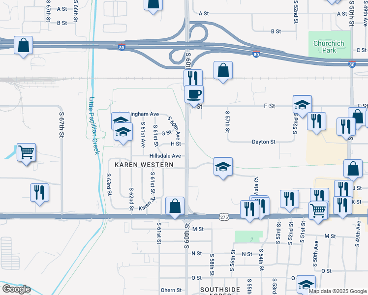 map of restaurants, bars, coffee shops, grocery stores, and more near 4315 South 60th Street in Omaha