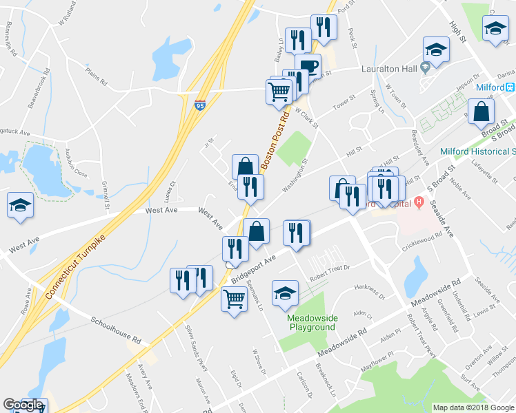 map of restaurants, bars, coffee shops, grocery stores, and more near 5 Erna Avenue in Milford