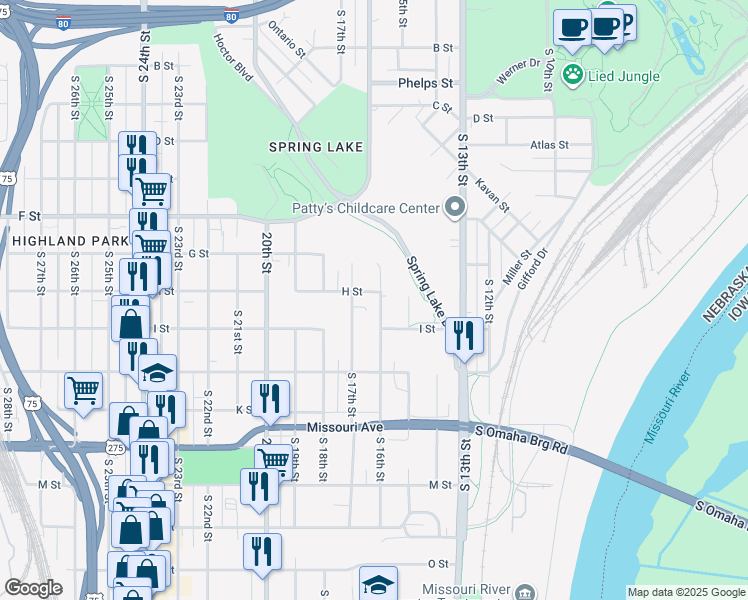 map of restaurants, bars, coffee shops, grocery stores, and more near 4308 South 16th Street in Omaha