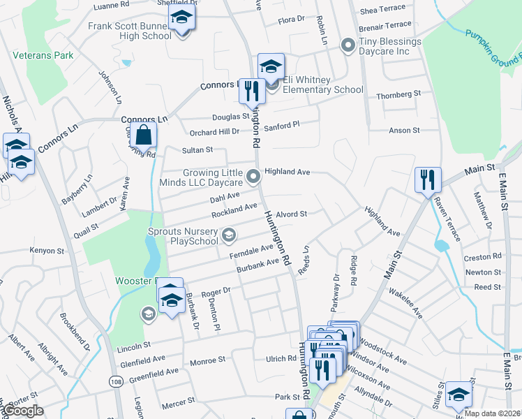 map of restaurants, bars, coffee shops, grocery stores, and more near 725 Huntington Road in Stratford