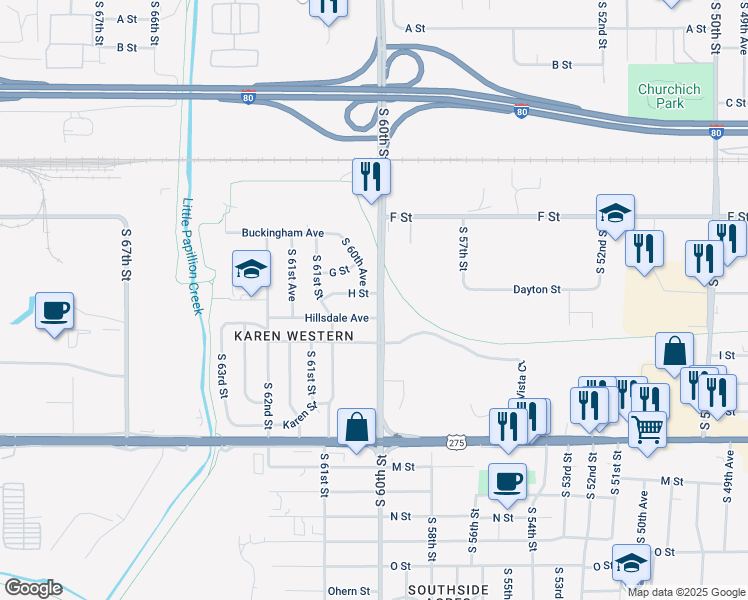 map of restaurants, bars, coffee shops, grocery stores, and more near 4315 South 60th Street in Omaha